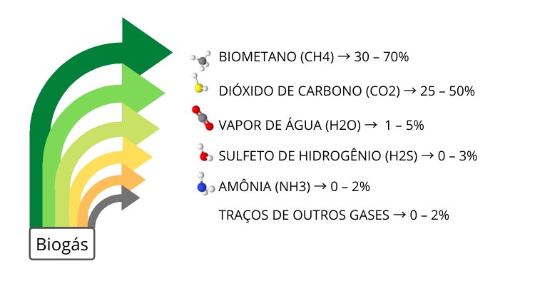 Representação esquemática da composição do biogás: metano, dióxido de carbono, água, amônia,  sulfeto de hidrogênio